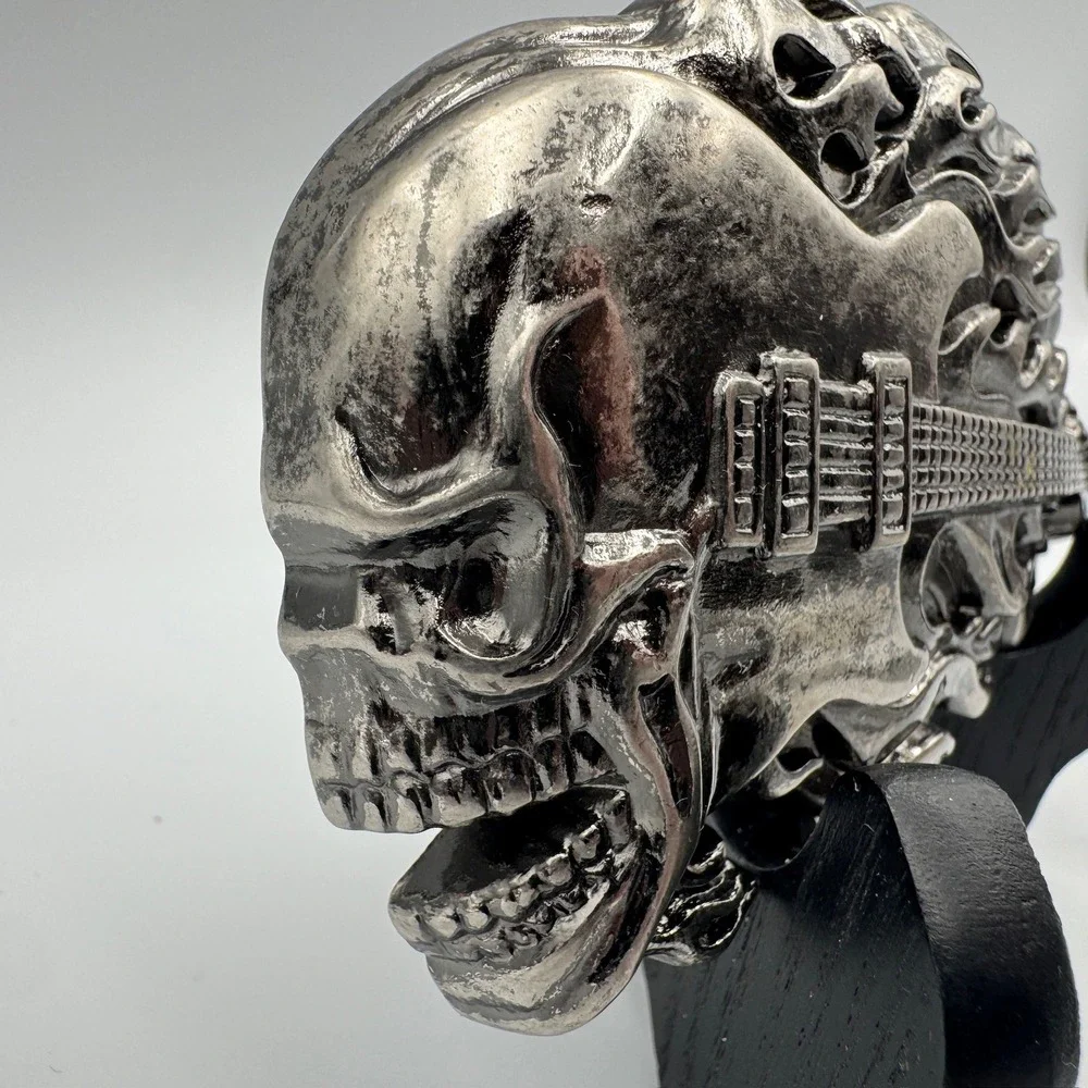 Screaming Skull Electric Guitar Flames Belt Buckle‎ Antique Silver Biker Rocker